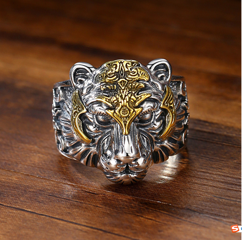 Retro God's Eye Domineering Tiger Head Ring Zodiac Tiger Head Men's Personalized Open Ring for the Year of the Zodiac