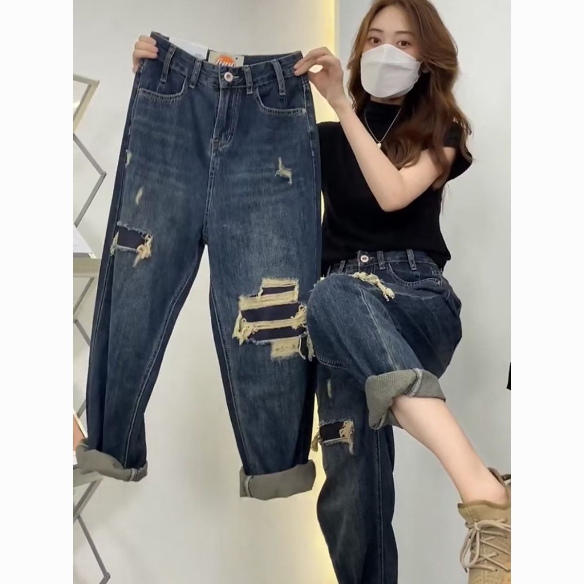 Pear-shaped figure wear plus size women's jeans women's 2024 spring and summer loose fake ripped dad pants harem pants