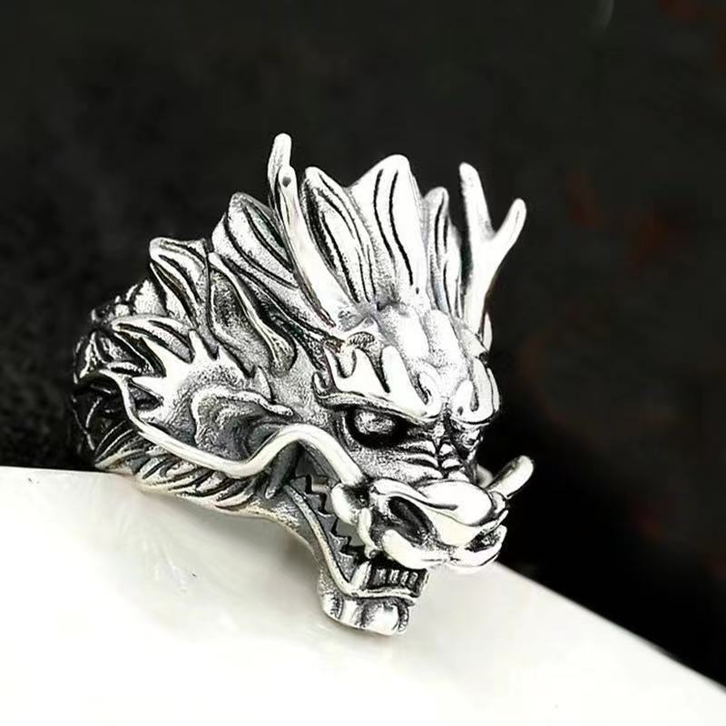 Men's Thai silver retro twelve zodiac dragon head trendy personality domineering dragon king open dragon ring