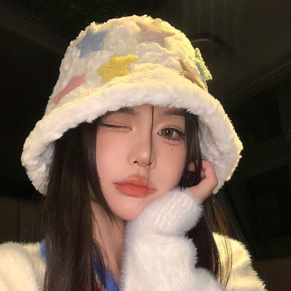 Soft and waxy colorful star plush fisherman hat autumn and winter women's versatile Japanese style face-showing small warm and cute basin hat trendy