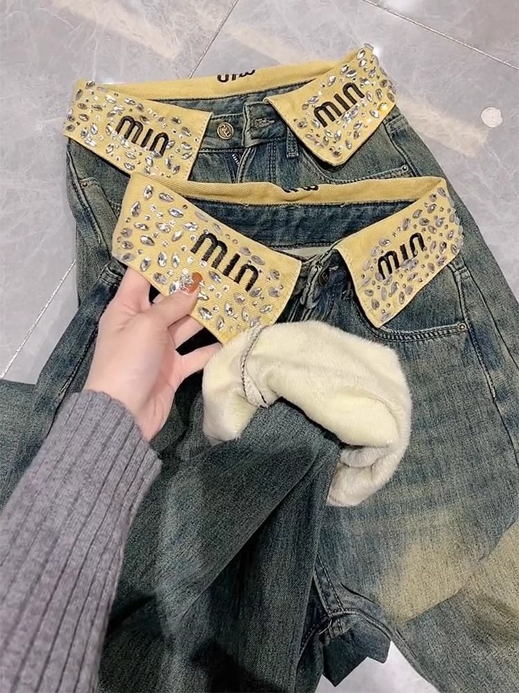 Large size plus velvet thickened straight jeans for women in autumn and winter fat mm slim trousers diamond-studded narrow wide-leg pants trendy