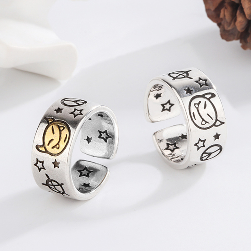 Golden Devil Smiley Ring Opening Fashion Personality Thai Silver Old Star Ring Retro Ring Accessories