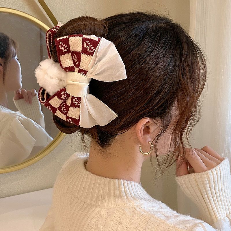 Autumn and winter knitted bow hair clip Internet celebrity clip plush clip women's large back head hair clip shark clip headwear