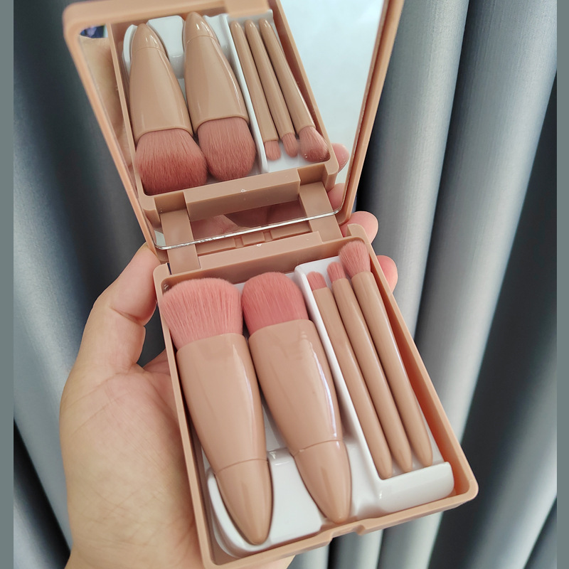 Mini Portable Morandi Boxed Makeup Brushes 5pcs with Makeup Mirror Girly Heart Travel Makeup Brush Set Small Set