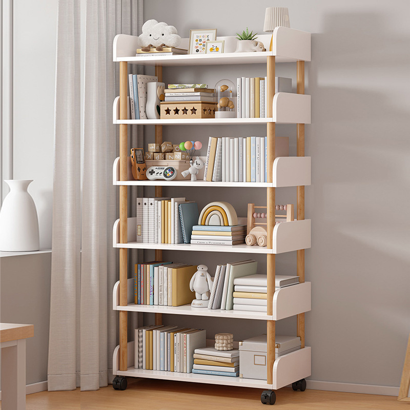 Nordic wheeled bookshelf rack floor-standing household storage storage rack bedroom simple bookcase living room plate shelf