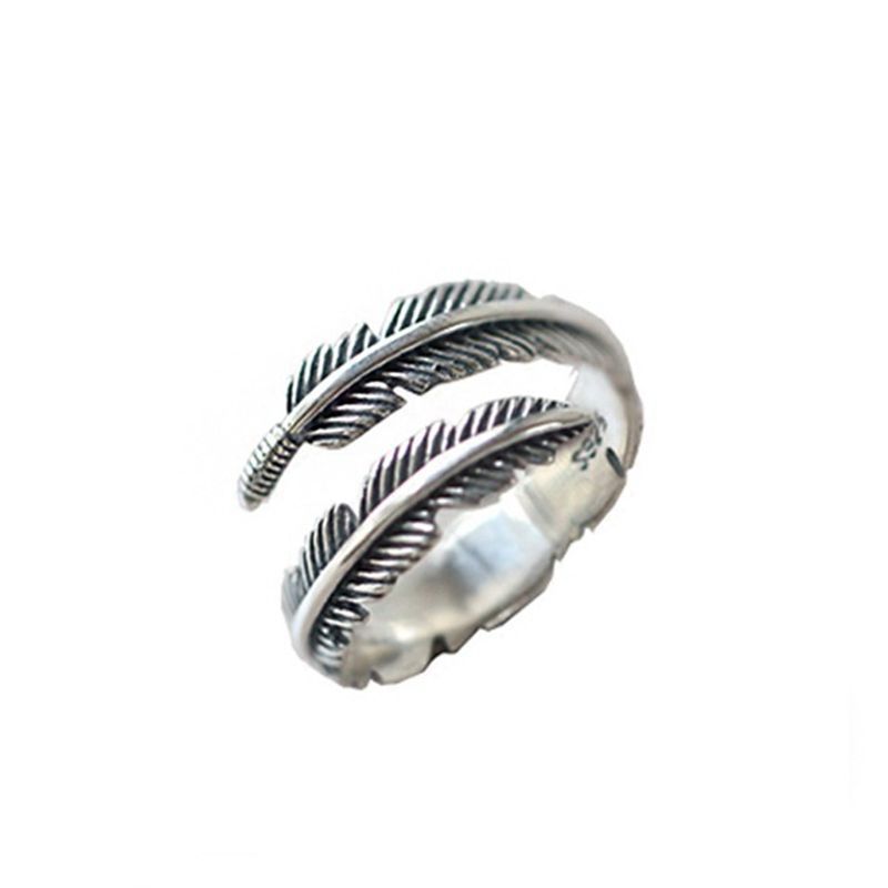 Creative retro feather S925 silver fan leaf European and American style plain silver distressed ring personalized jewelry