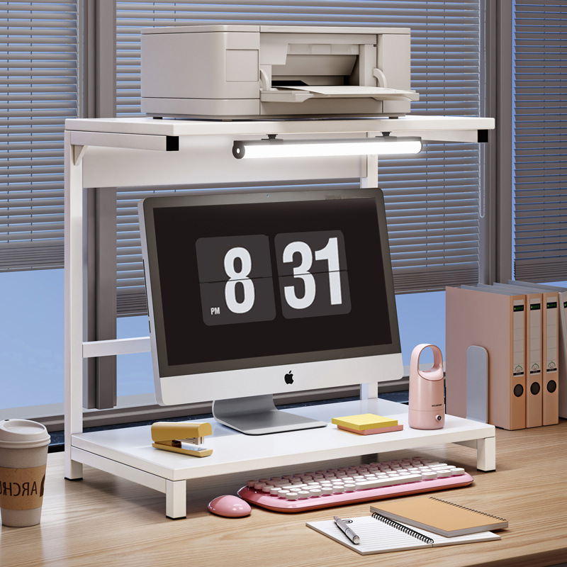 Lamp computer elevated monitor computer desk table shelf office desk desktop storage printer storage rack