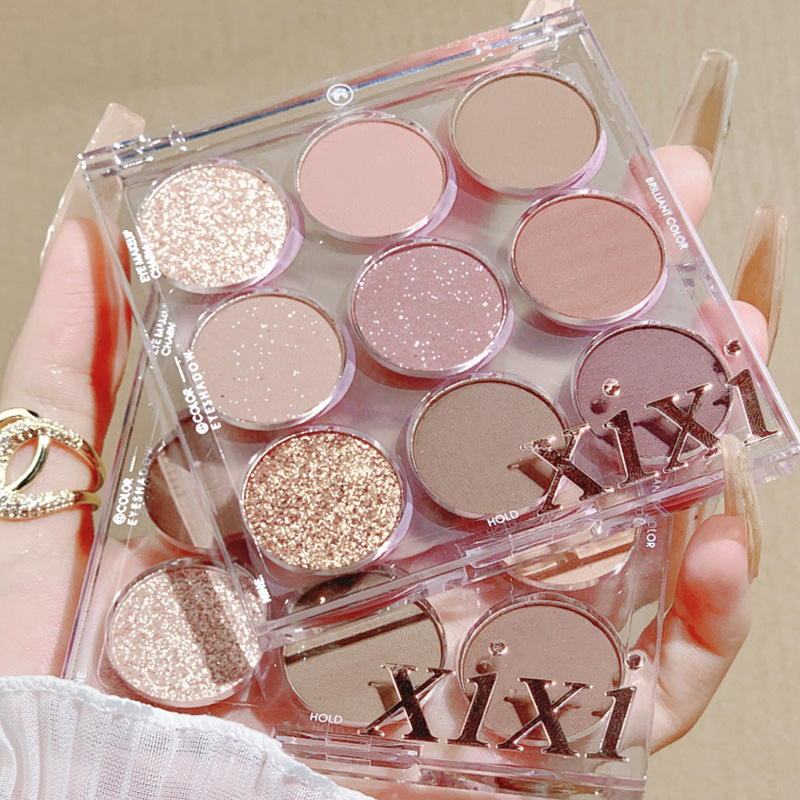 xixi transparent embossed nine-color eye shadow palette milk tea earth color pearlescent matte glitter student eye shadow palette d-447