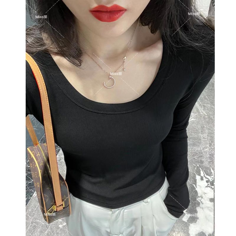 High elastic threaded cotton U-neck bottoming shirt T-shirt for women with long sleeves, slim fit, low collar, solid color large collar top
