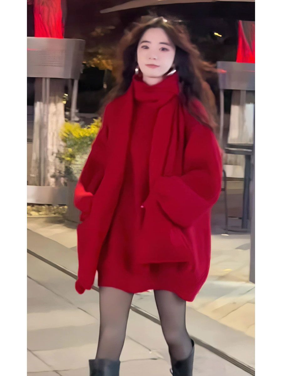 2023 Autumn and Winter New New Year and Christmas Red Sweater Women's Mid-Length Round Neck Scarf Loose Slim Top