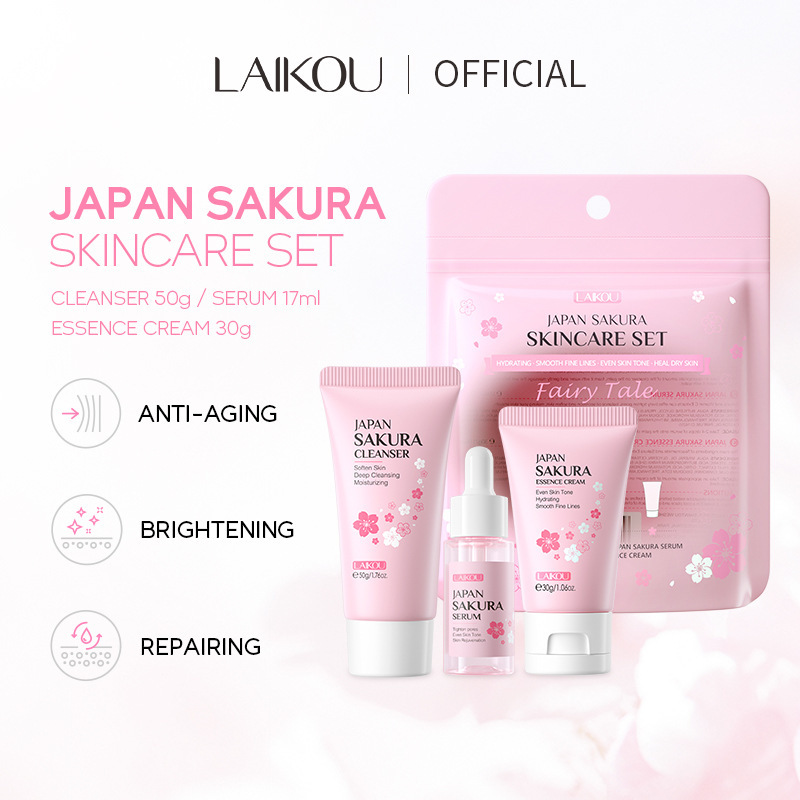 Cross-border Laiko Japanese Sakura Skin Care Set 3-piece Facial Cleanser Essence Cream Skin Care Products