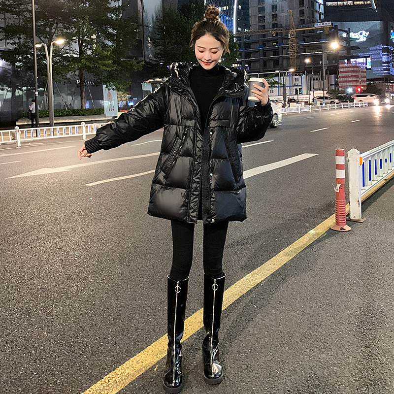 Women's large size winter mid-length cotton coat 200 pounds slimming glossy no-wash down cotton coat fat mm Korean style loose cotton coat