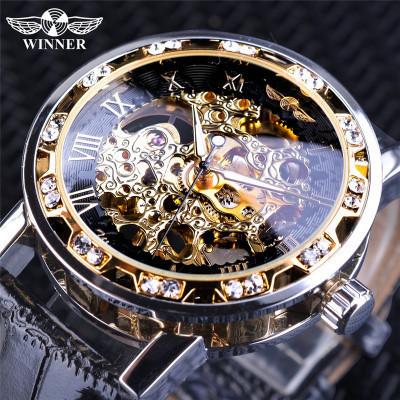 T-winner watch men's fashion casual popular rhinestone hollow manual mechanical watch Men Watch