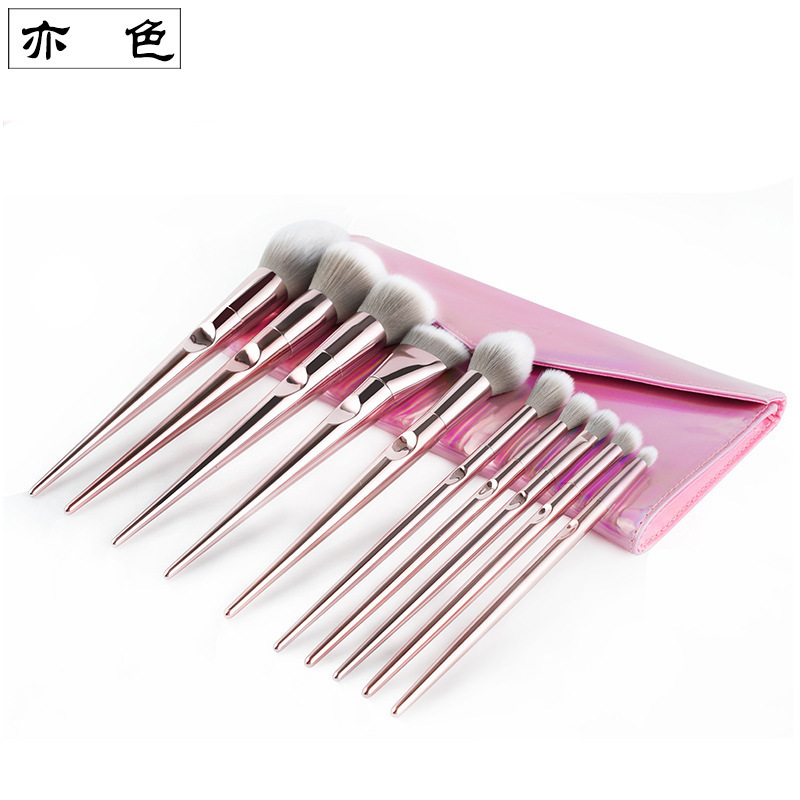 Yise Makeup Brush Set 10 Wet and Wild Pink Thumb Powder Eyeshadow Brush Complete Set Makeup Brush Set with Bag