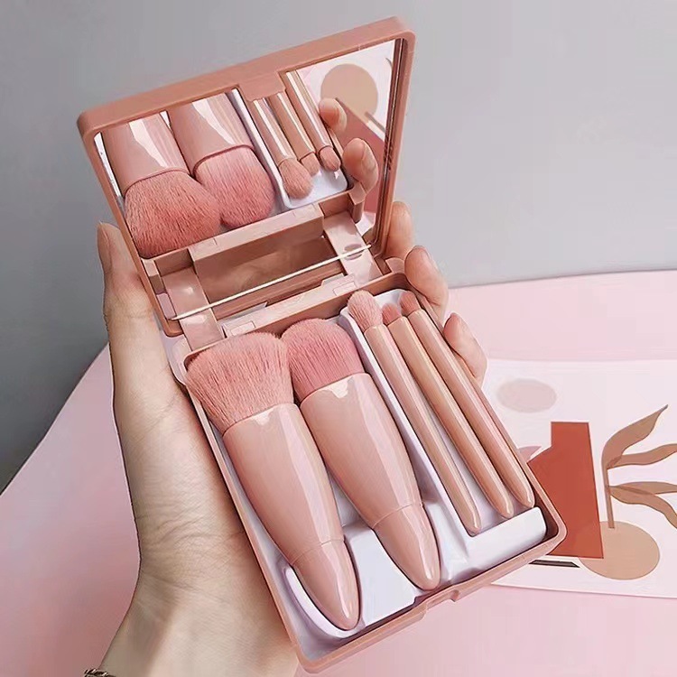 Complete set of 5 makeup brushes, portable mirror, eye shadow, loose powder, blush brush, makeup concealer brush, beauty tools