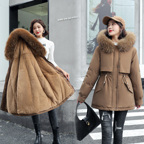 New Korean version of women's winter A version mid-length cotton jacket Internet celebrity jacket with velvet lining, large fur collar, large size waisted short coat