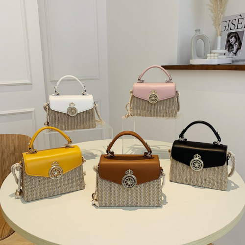 Small bag women's new trendy straw woven small square bag contrasting color portable small square bag Western style woven single shoulder crossbody bag