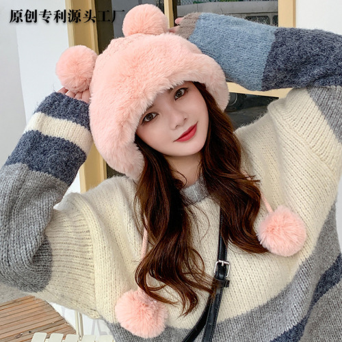New women's autumn and winter sweet Mickey fur ball Korean style pullover hat outdoor plus velvet warm woolen hat