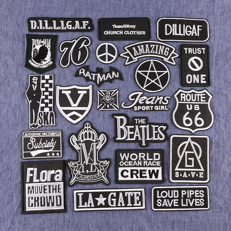 Embroidery stickers with black and white letters, English patches, clothing accessories, clothing bags, shoes and hats, decorative cloth labels, badge cloth stickers