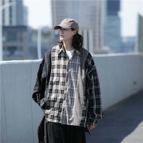 Frayed plaid shirt men's design sense street loose contrast color long-sleeved sun protection shirt retro thin jacket