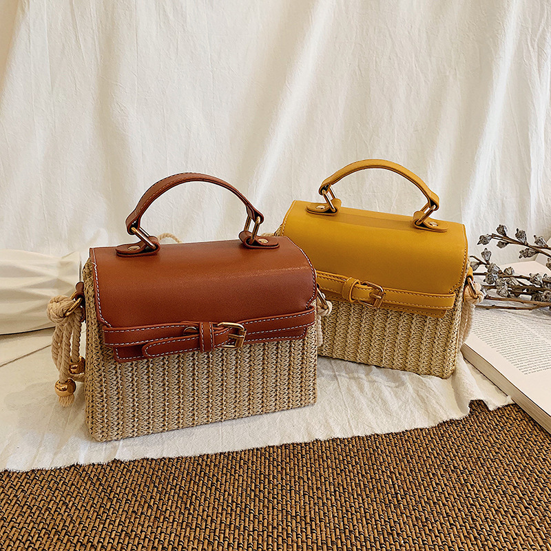 Bags for women, new summer seaside travel shoulder crossbody box bag, forest style literary straw small square bag