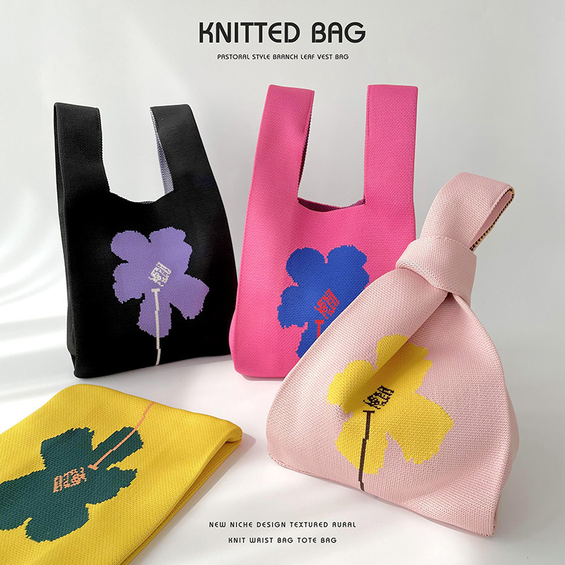 Niche design simple monochrome flower knitted shoulder handbag hand bag versatile large capacity tote bag wholesale