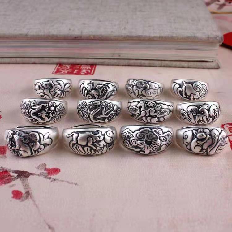 Plain silver 12 zodiac signs for men and women, open telescopic ring, rat, ox, tiger, rabbit, snake, horse, monkey, dog, pig
