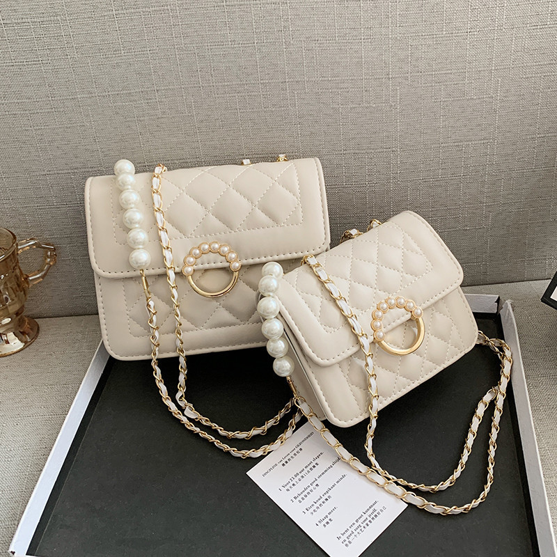 Chain diamond bag women's new fashion Korean style single shoulder crossbody small square bag foreign style pearl women's bag Bags