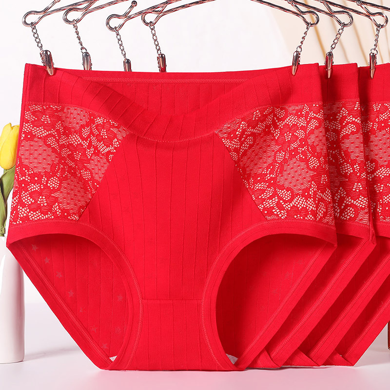 Mother's birth year big red underwear for middle-aged and elderly women wholesale lace high waist large size women's triangle shorts
