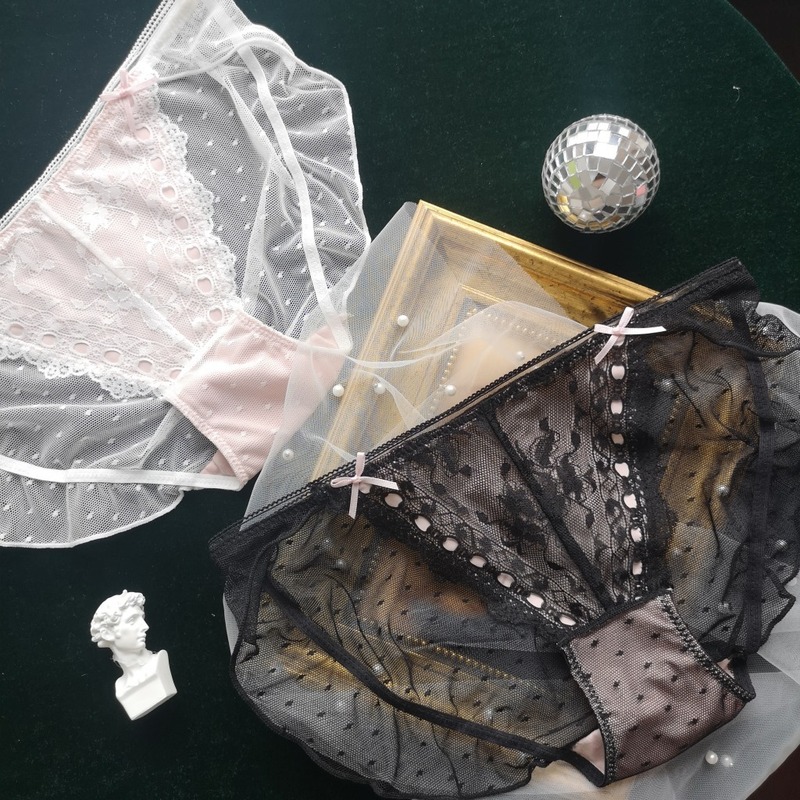 Dark black panties for women, breathable Japanese new style full lace panties for women, Lolita hollow string color matching