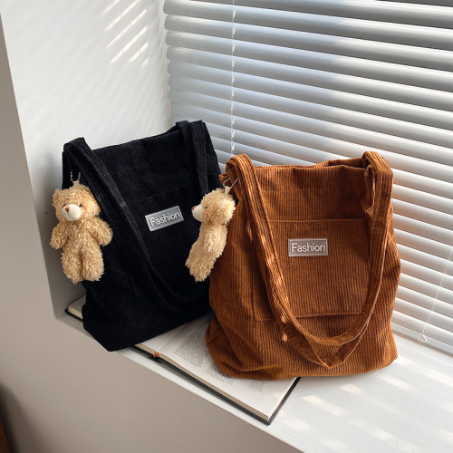 New corduroy women's portable tote bag, large capacity, stylish student tutoring shoulder bag, soft girl shopping bag