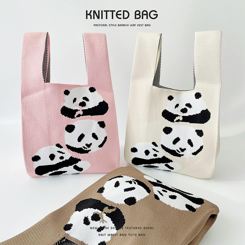 New cute cartoon panda knitted handbag vest bag versatile student large capacity tote bag