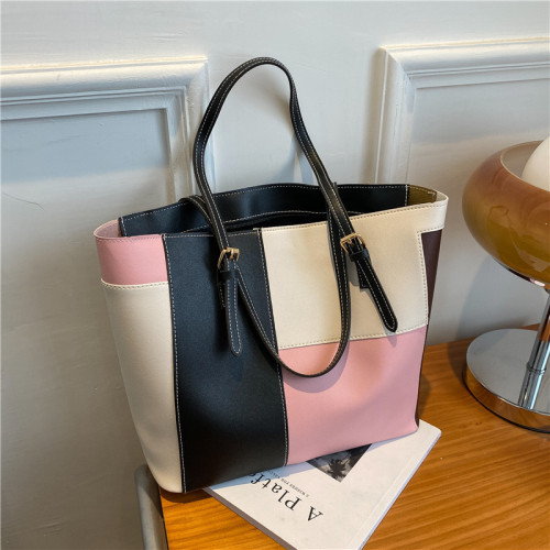 New Korean style contrasting color large-capacity tote bag women's fashionable outing portable shopping bag women's bag fashionable shoulder bag