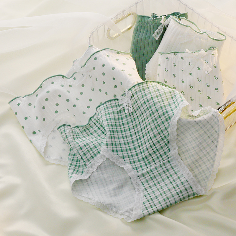 New women's underwear summer pure cotton mid-waist fresh green pastoral floral girl student antibacterial Japanese simple style