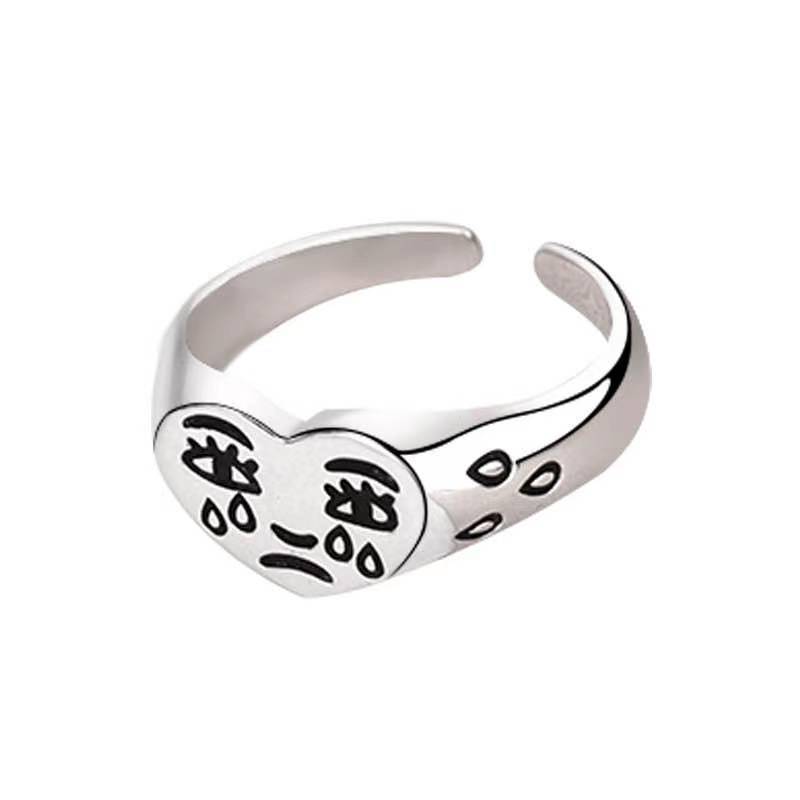 Heart crying face ring Sad tear point expression ring Temperament tear point retro open ring
