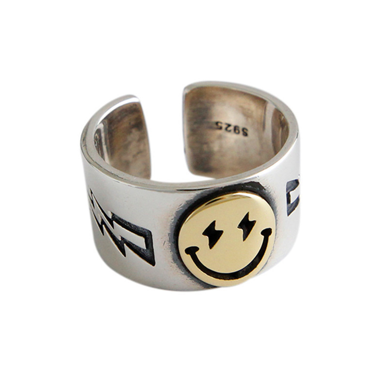 Korean version of Thai silver lightning five-pointed star ring for women, fashionable personality, retro golden smiley face open ring