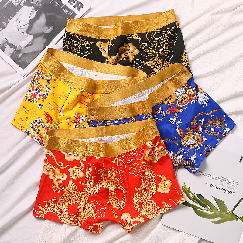 Zodiac year underwear men's domineering bright red underwear boxer briefs youth fashion dragon pattern totem boxer briefs red trend