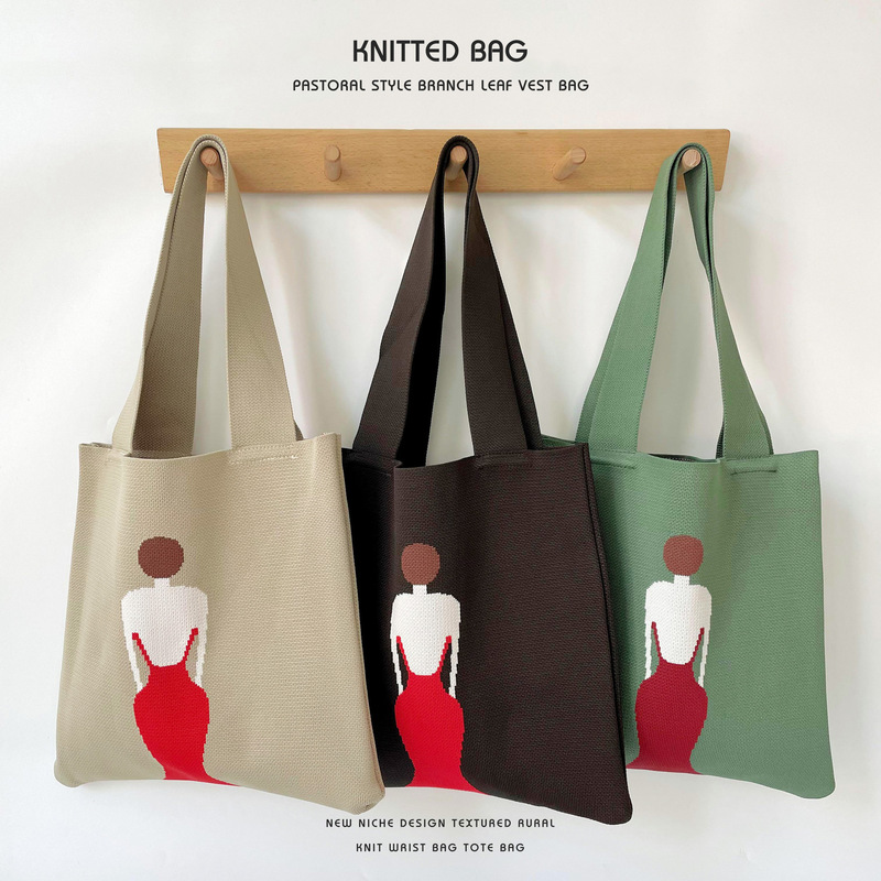 Niche design back girl knitted shoulder handbag hand bag simple versatile large capacity tote bag