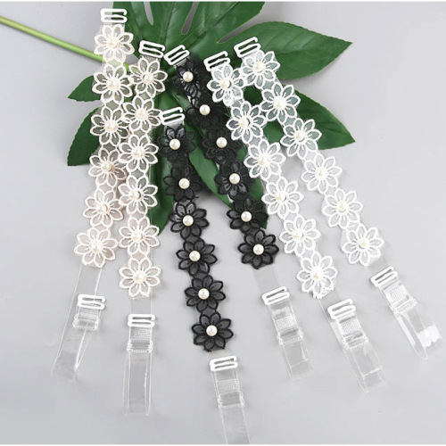 Transparent shoulder straps with beads factory direct sales pearl mesh flower Korean version pearl bra with underwear non-slip shoulder straps