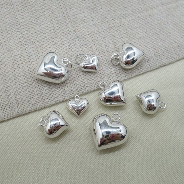 S925 sterling silver three-dimensional heart pendant love pendant plain silver DIY handmade accessories beaded rope bracelet