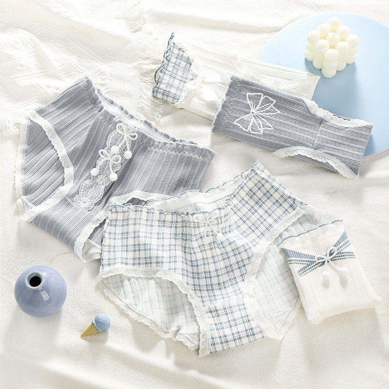New maid pure cotton women's underwear mid-waist girl Lolita gray and blue special edition student cotton briefs briefs
