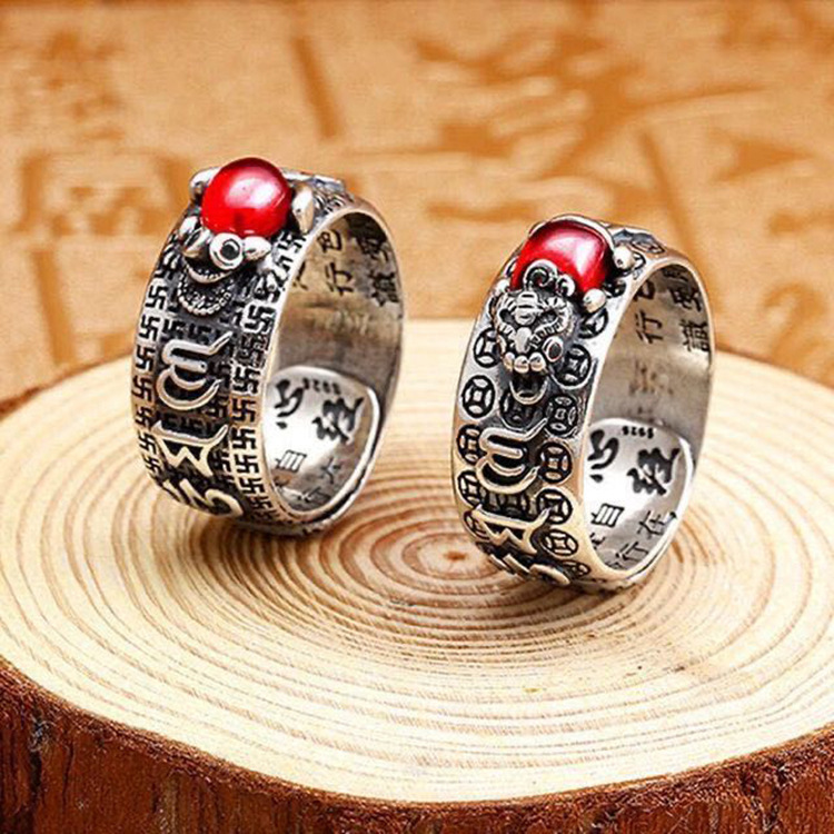 Domineering Pixiu men's ring Golden Toad Heart Sutra ring Thai silver vintage set with ruby ​​​​open wide ring