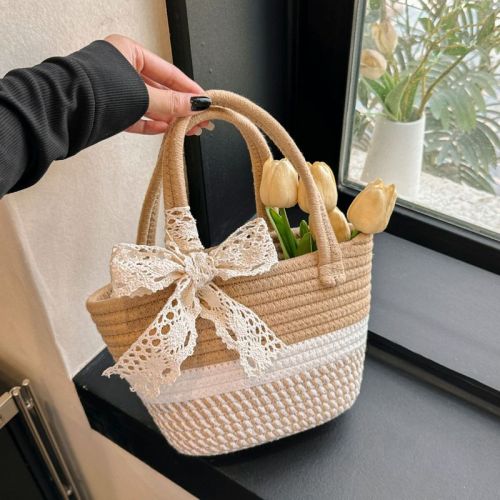 Woven portable plaid bucket bag large capacity girls bag new style women's bag shoulder bag basket bag