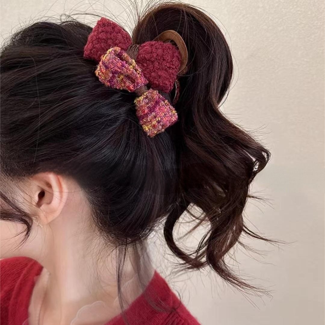 Raspberry Jam_2024 New High-end Woolen Bow Clip Women's Back Head Hair Clip Autumn and Winter Shark Clip
