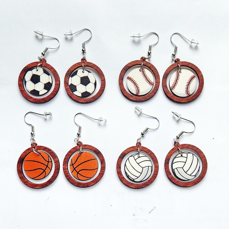 Super Bowl European and American Sports Earrings Football World Cup Baseball Rugby Basketball Tennis Volleyball Wooden Circle Earrings