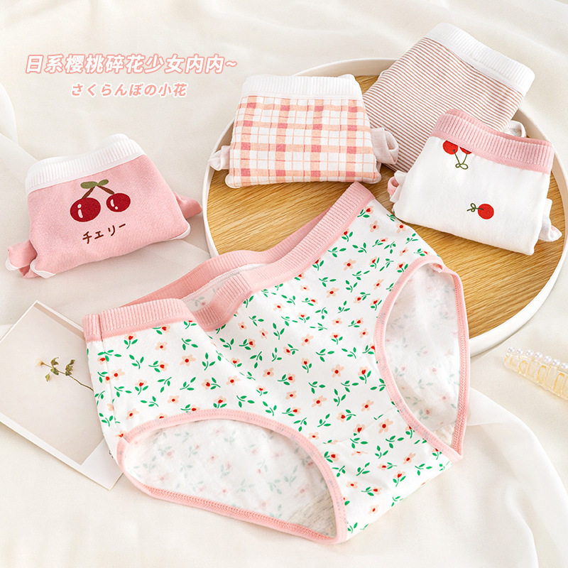 Japanese cherry floral girls' underwear soft and breathable pure cotton crotch cute girl's briefs mid-waist underwear for women