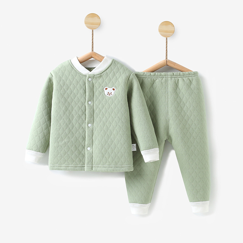 Baby quilted thermal underwear set, thickened baby autumn clothes and long pants, pure cotton children's pajamas, boys and girls, autumn and winter