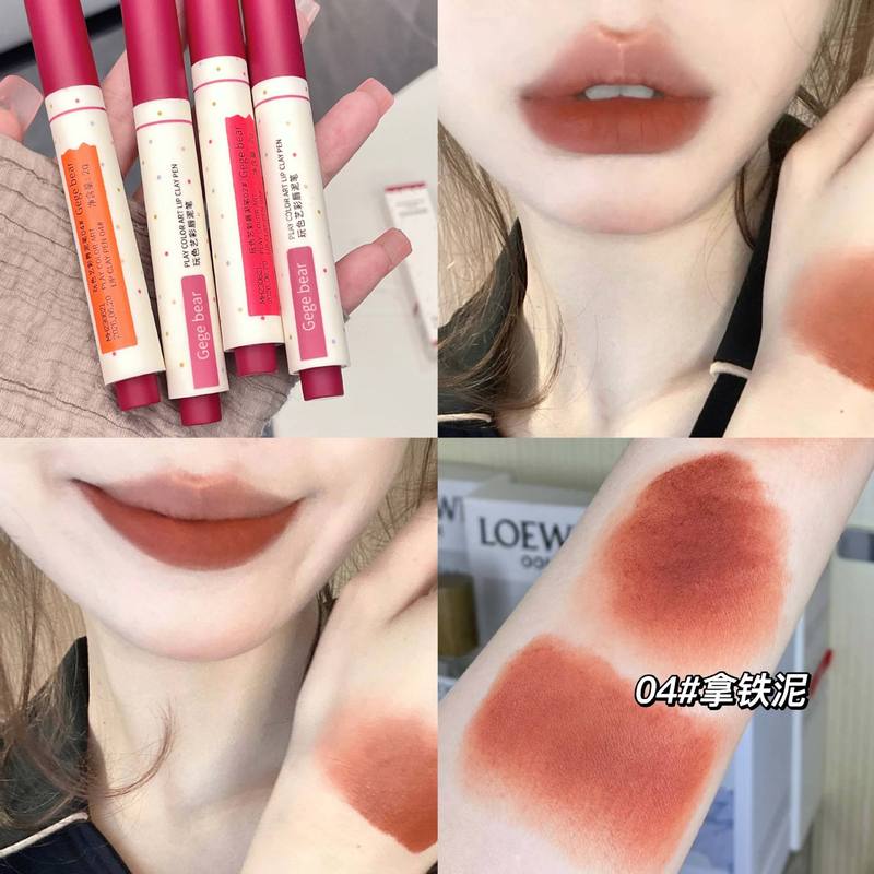 Gege Bear Play Color Art Lip Clay Pen Matte Velvet Matte Lipstick Whitening Long-lasting Makeup Not Easy to Stick Lip Gloss