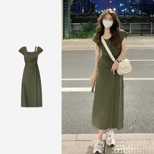 Summer 2024 new women's long skirt French texture high-end design niche waist green dress