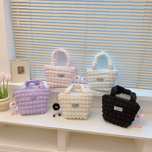 bags bubble flower handbag women's new style small fresh girly square plaid handbag wrinkled and stylish small